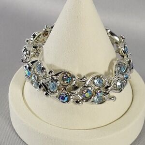 Vtg Coro Pegasus Rhinestone Bracelet 6.75 Blue Silver Tone Scroll Link Jewelry